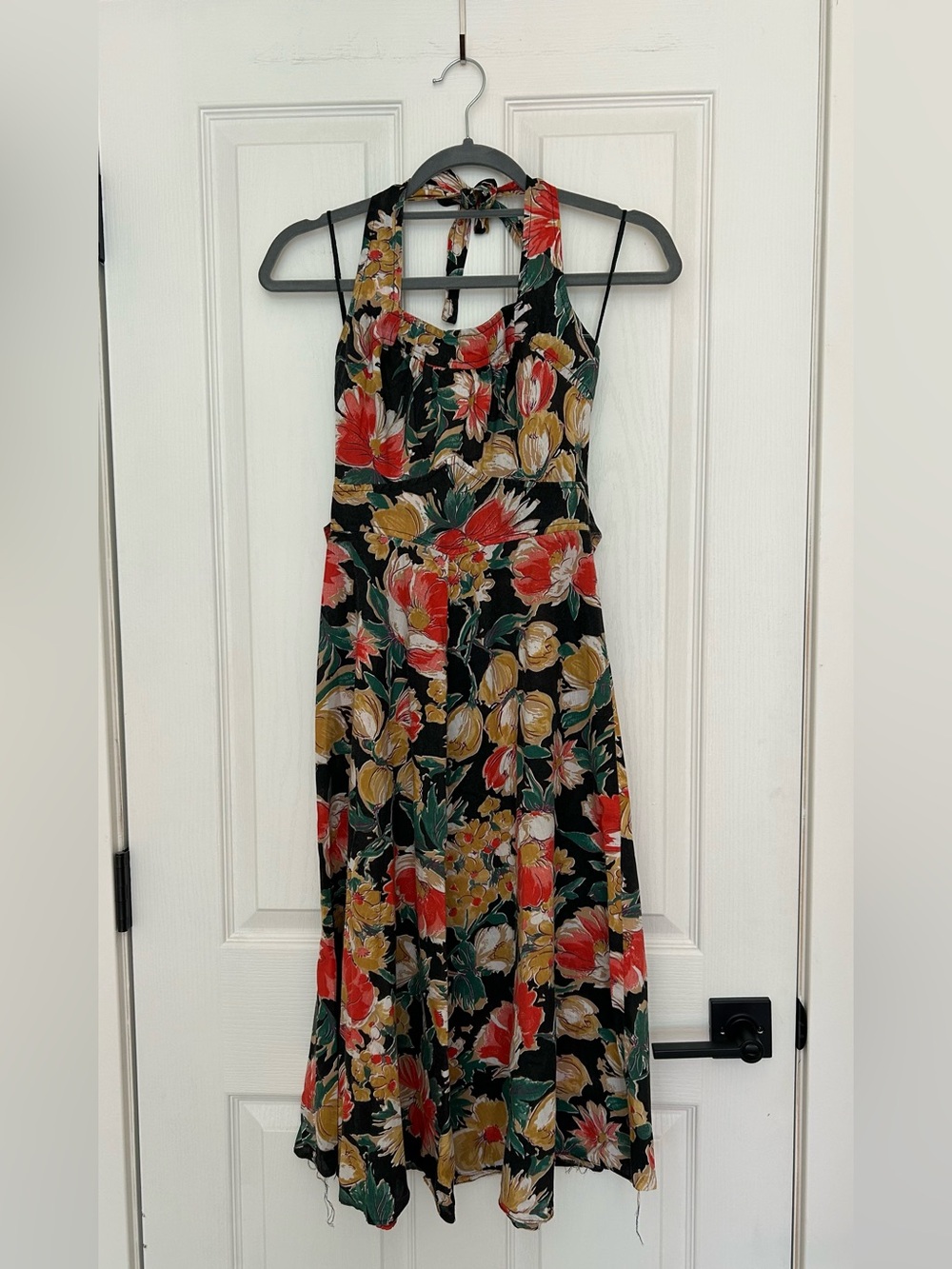 Black Floral Halter Maxi Dress with Red & Yellow Blooms